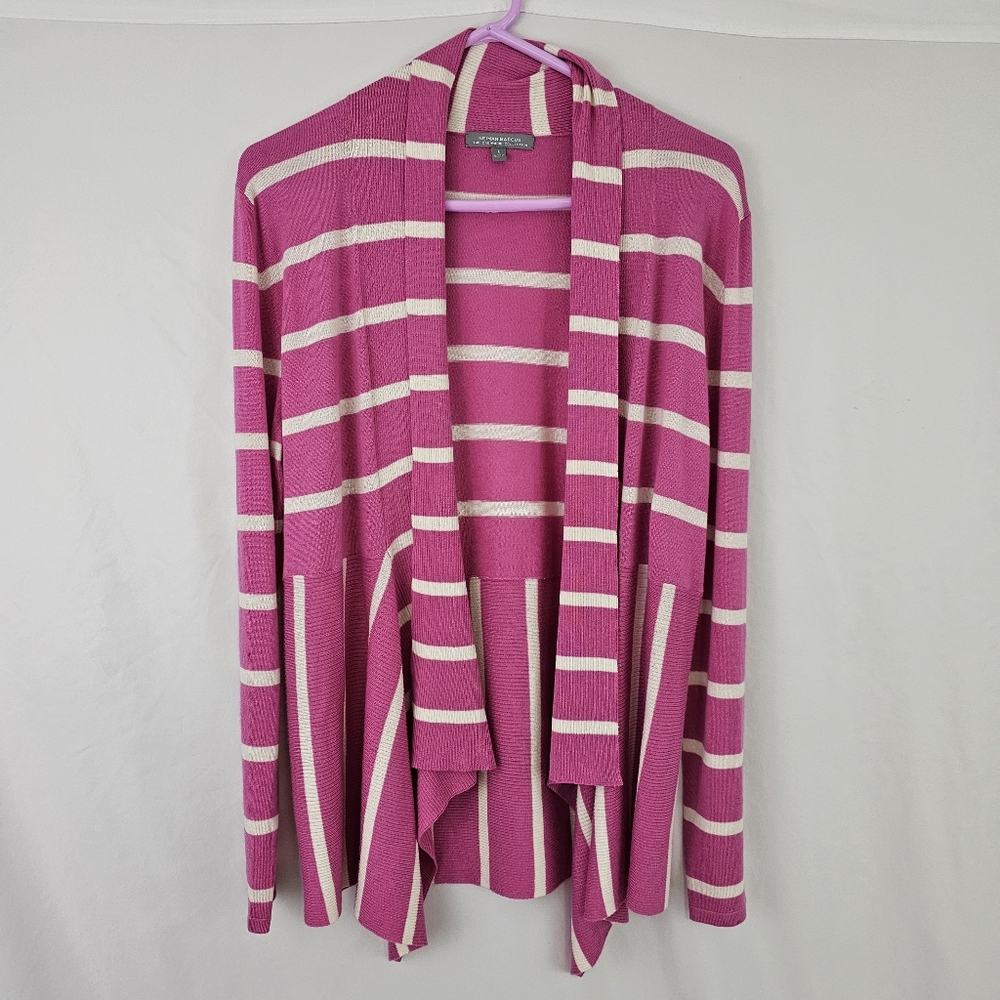Neiman Marcus Pink White Striped Open Front Cardigan Sweater Silk Cashmere Large
